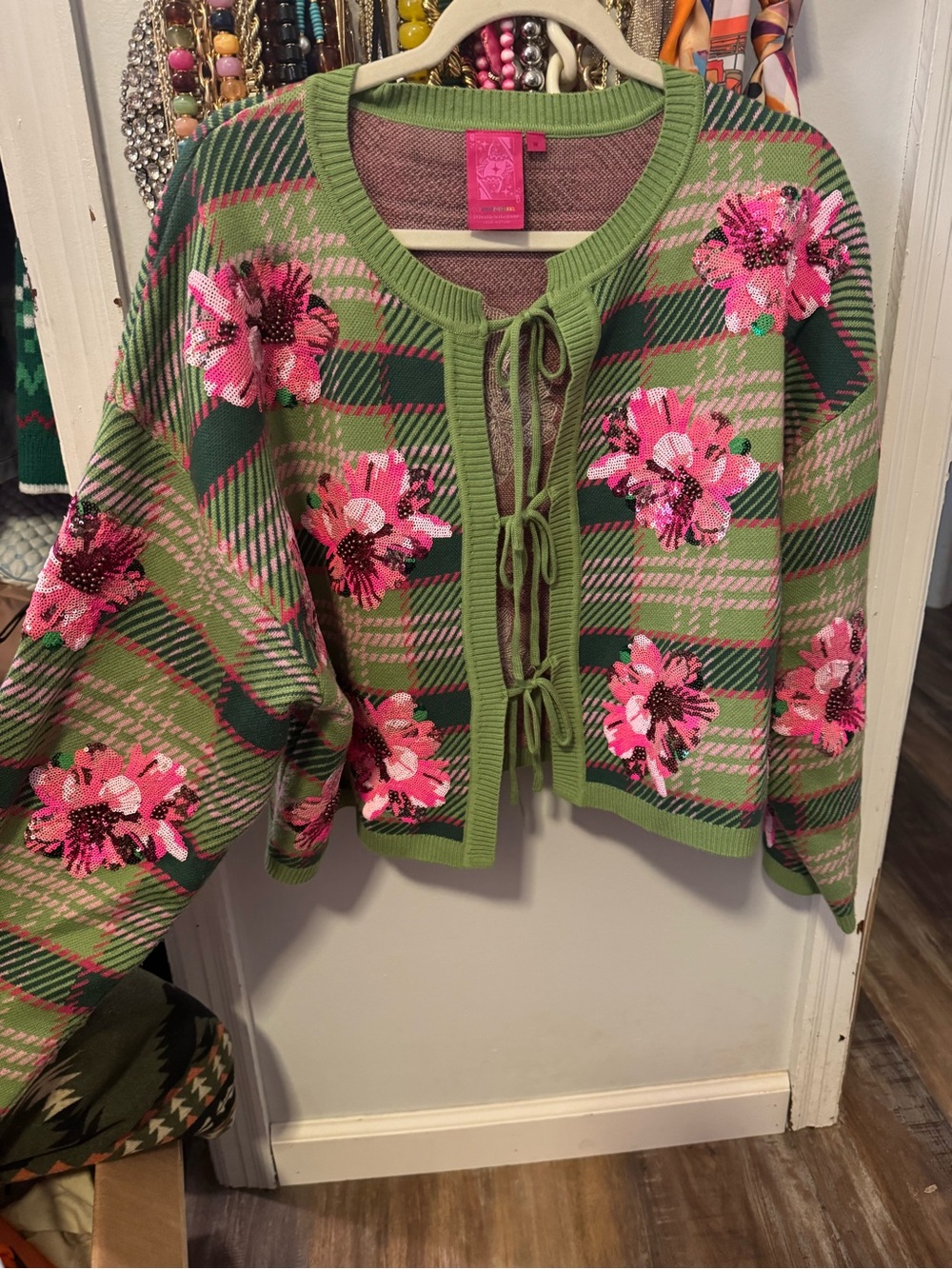 Queen of Sparkles - Green & Pink Azalea Tie Up Sweater